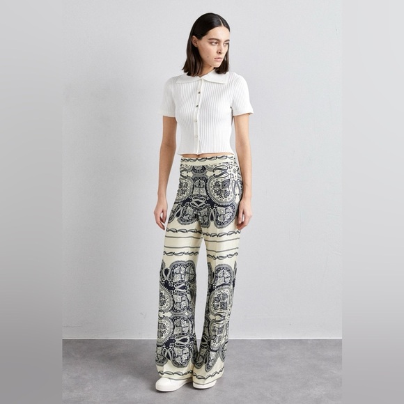 SANDO Teylor Paisley Pants PATTERNED FLOATY TROUSERS Size 40 Navy Ivory 6 8 38 - Picture 4 of 16